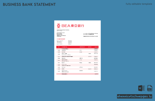 Beispielvorschau eines Firmenkontoauszugs der Bank of East Asia (Word- und PDF-Format)
